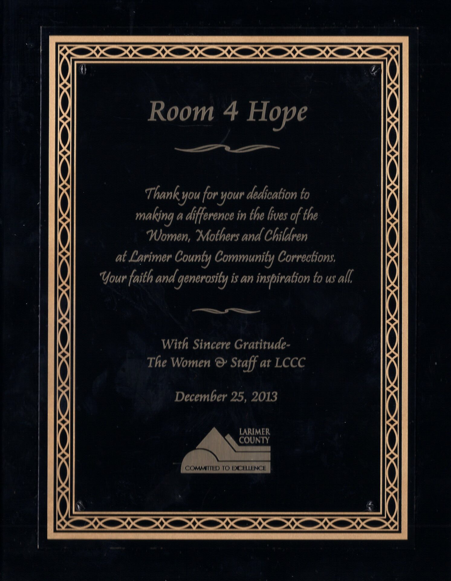 A plaque that reads " room 4 hope ".